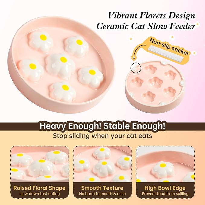 Ceramic Slow Feeder Cat Bowl, 6.3" Whisker Friendly Anti-Vomit, White | Shallow Cat Puzzle Feeder, Slow Eating 3x, Dry & Wet Food, Cute Flower-Shaped Maze, Microwave & Dishwasher Safe, 6.3" X 1.2" - Image 4