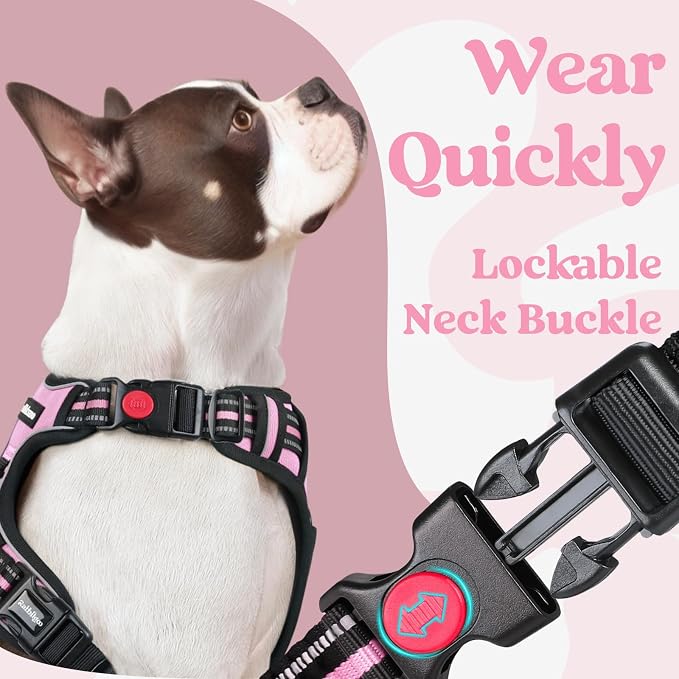 rabbitgoo Dog Harness Medium Sized, Updated Easy On & Off with 3 Buckles | No Pull No Choke, Walking with 2 Clips and Handle, Adjustable Soft Reflective, Pink, Medium - Image 3