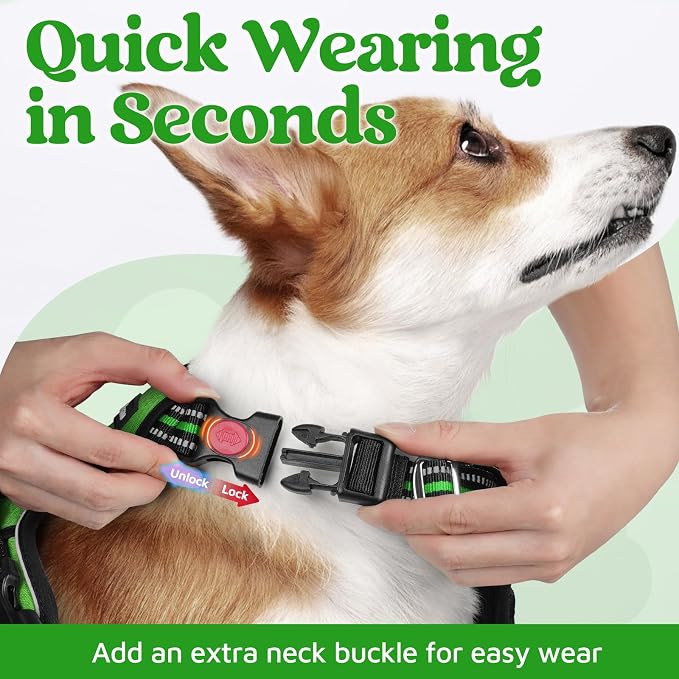rabbitgoo Dog Harness Small Sized, No Pull 3 Buckles Easy On & Off | Soft Padded, Walking with Control Handle, Adjustable and Reflective, Green, Small - Image 2