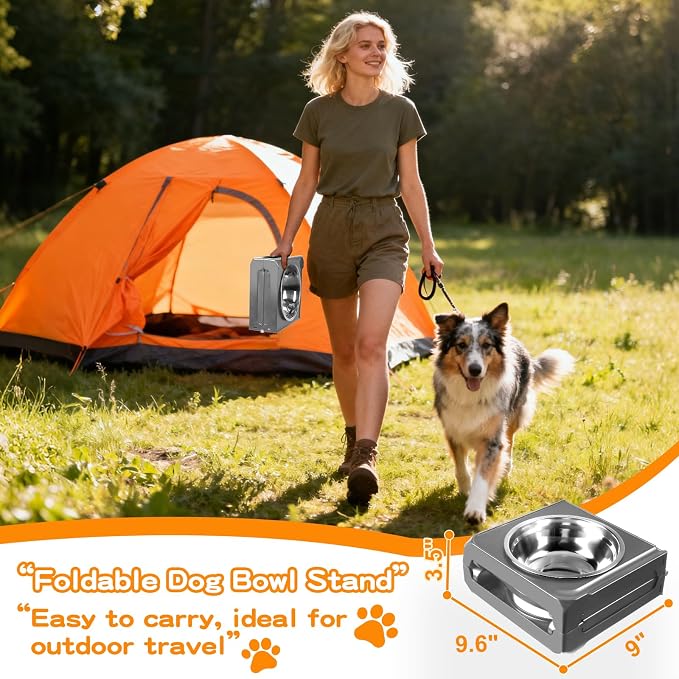 COMESOON Elevated Dog Bowls, 5 Adjustable Heights (3.9"-13.4") Raised Dogs Food Bowl Stand for Medium Large Sized Dogs, Non-Slip Foldable Travel Pet Feeder Grey with Stainless Steel Bowls - Image 8