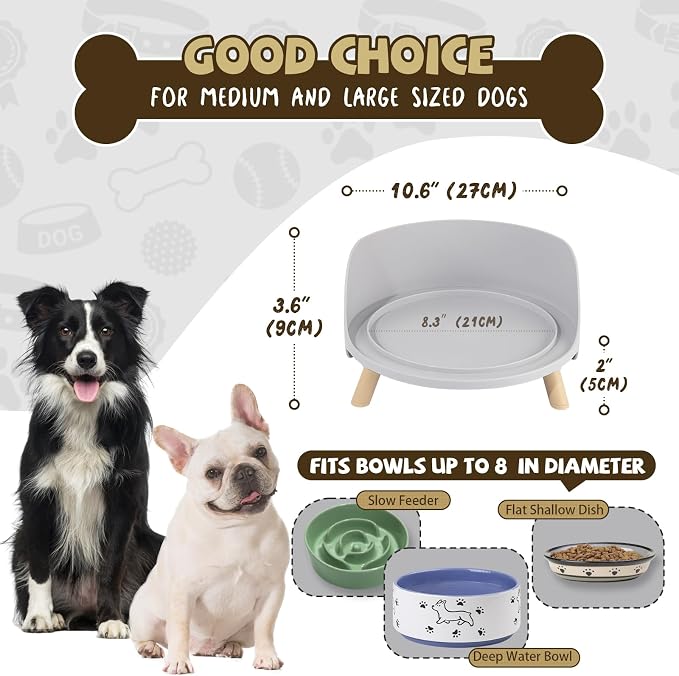Raised Dog Feeder Bowl Stand (Without Bowls), Fits Dish up to Φ 8" | Spill Proof Elevated Dog Food Stand, Anti-slip Pet Food Holder Feeding Table for Medium and Large Breeds, Grey - Image 2