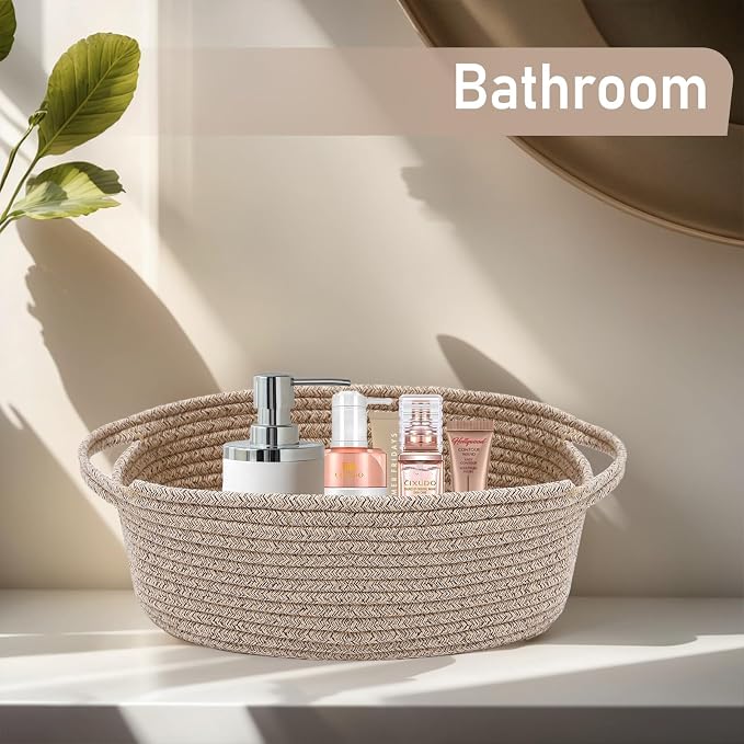 JMvicyroam Small Woven Basket, Empty Gift Basket, Oatmeal/3 Pack | Small Gift Basket, Cotton Rope, 12 x 8 x 14 in, Handles, Includes Ribbon and Bag, Birthday Gift Basket - Image 8