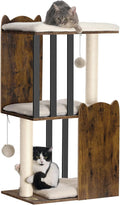 35.4in 3-Tier Modern Cat Tree Tower Condo, Cat Scratch Posts for Indoor Cats, Big Plate, Two Full Sisal Scratching Posts, Rustic Brown by FourFurPets