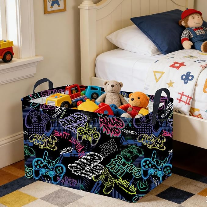 Rectangular Kids Baskets,Waterproof Foldable Storage Basket with Handles,Games Basket,Boys Room DecorGame Storage Bin,Shelf Baskets(Cool Game) - Image 4