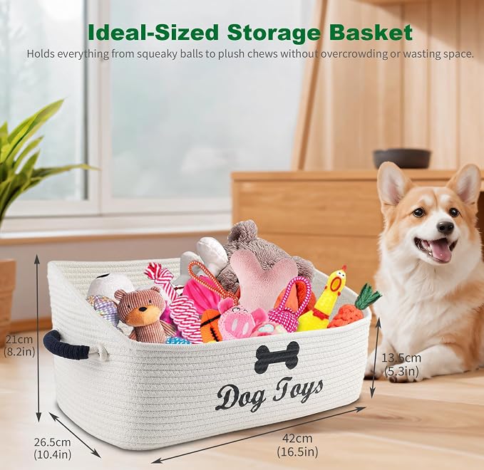 Dog Toy Basket-100% Cotton Rope Dog Toy Bin for Living Room Area-Trapezoid Pet Toys Box with Sturdy Handle-Puppy Bed-Dog Stuff Organizer for Toys,Collar,Leash,Blanket-Chew Proof-Beige - Image 2