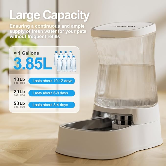 Automatic Gravity Water Dispenser for Dogs, 1Gallon Stainless Steel Water Bowl Dispenser, 100% BPA-Free Dog Water Fountain Dispenser for Small&Medium Dogs, Cats, Puppies(White) - Image 3