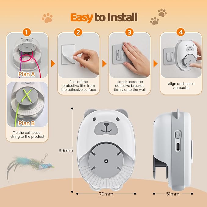Interactive Cat Toys for Indoor Cats, Automatic Rechargeable Hanging Feather Wand with Flying Motion, 4 Packs Replaceable Accessories, Exercise Enrichment Toy for Cats, Long-Lasting USB Charging - Image 8