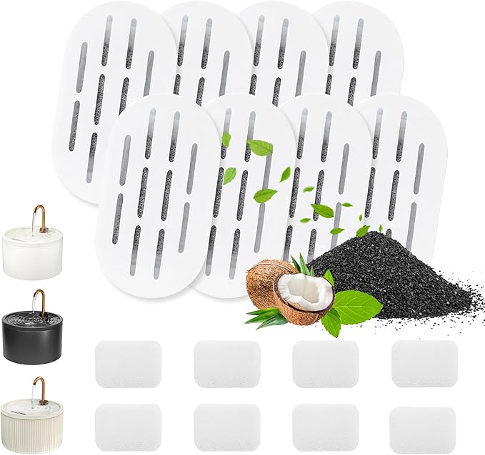 MISFANS Ceramic Cat Water Fountain Filters, 8 Filters and 8 Sponges | Triple-Layer Filter, Cotton, Activated Carbon and Ion Exchange Resin, Pre-Soak 5 Minutes, Replace Every 1-2 Weeks, Verify Fit by MISFANS