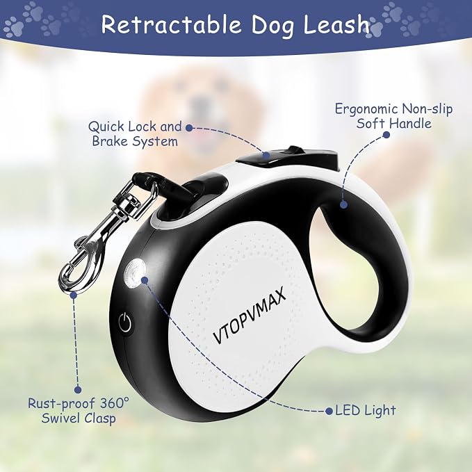 16Ft Retractable Dog Leash - for Small to Medium Dogs Up to 66lbs, Heavy Duty Retractable Leash with Light Rechargeable, Quick Lock Braking & Non-Slip Handle (White) - Image 3
