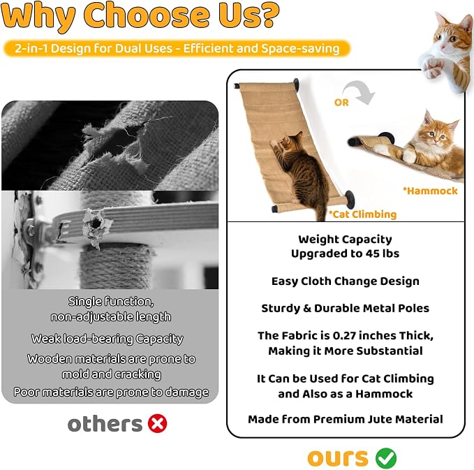 Wall Cat Scratcher Mat for Large Cats or Kittens, 34.64 x 12.59in | Wear-resistant & Scratch-resistant Jute Fabric, Cat Wall Hammock for Cats Space-Saving & Playing, Climbing & Resting - Image 5