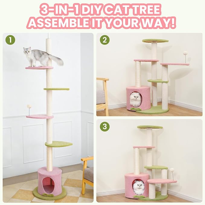 Max & Marlow 95-108" Floor to Ceiling Adjustable Cat Tree, Pink | 4 climbing platforms, sisal scratching post, Space Saving, Stable Tension Pole, Tower for indoor cats - Image 2