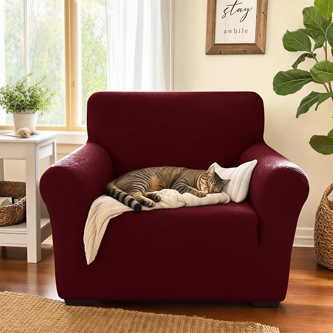 XINEAGE Stretch Jacquard Armchair Cover, Non Slip Sofa Slipcover for Dog | High-Stretch Fabric. Wear-Resistant, Pet Friendly. Easy Install & Washable for Living Rooms, Offices.Wine Red - Image 3