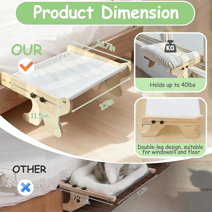 Large Wooden Velvet Cat Window Perch Bed, White | Sturdy Wooden Frame, Removable Machine Washable Cover, Window Sill Hanging, All Seasons Comfort - Image 3