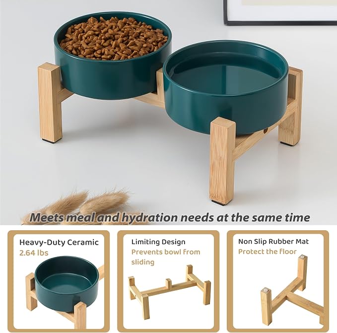 Elevated Ceramic Dog Bowl Set - Raised Dog Bowls with Non Slip Bamboo Stand, Food and Water Bowl Set for Kitty, Cats and Toy Breed Dogs, Pet Bowls, Weighted Dogs Dishes (5.1'', 2*16OZ, Green) - Image 5
