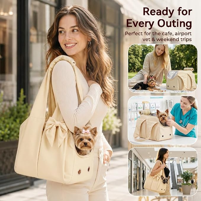 Fashion Dog Purse Carrier for Small Dogs, Soft-Sided Dog Bag Carrier with 4 Large Pockets, No Collapse, Lightweight, Smart Zipper Lock, Comfortable Puppy Cats Rabbit Carrier for Travel,Outdoor(Beige) - Image 8