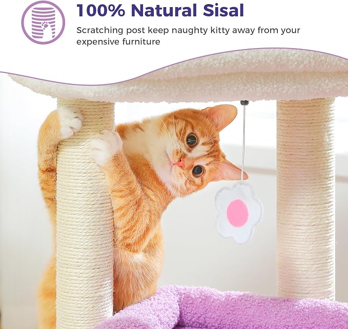 PEQULTI Indoor Cat Tree Tower Small Cats, Sisal Post & Cozy Condo, Purple | Private soft cat condo, soft top perch, natural sisal scratch posts, plush pom-pom toy for indoor kitties - Image 6