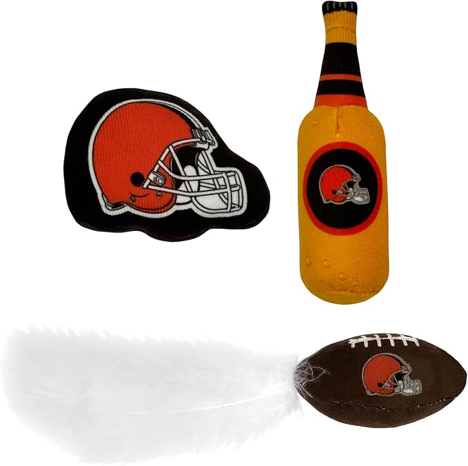Pets First Best Plush CAT Toy - NFL Cleveland Browns Complete Set of 3 Piece Cat Toys Filled with Fresh Catnip. Includes: 1 Helmet Cat Toy, 1 Football Toy with Feathers & 1 Beer Bottle - Image 5