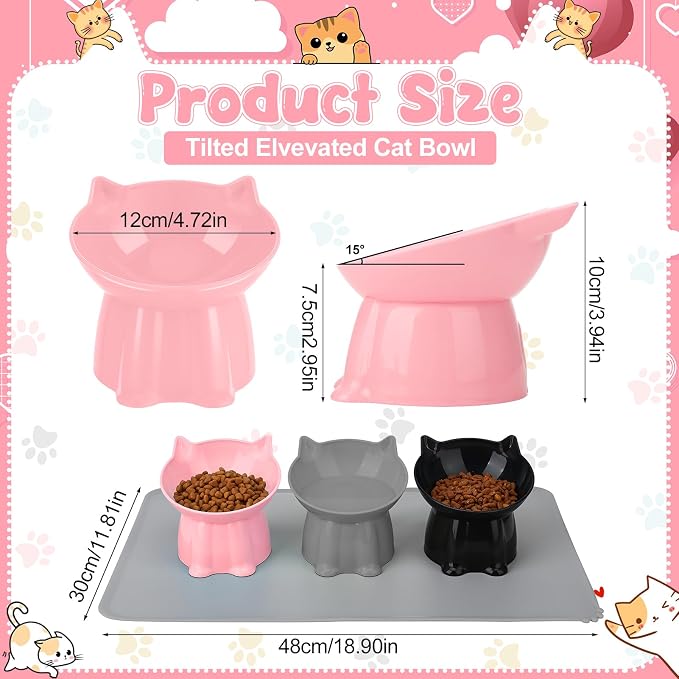 3 Pcs Elevated Cat Bowls 15°Raised Cat Food Bowl with Silicone Mat Grey | with Silicone Mat Whisker Friendly Anti Vomiting Cats Dishes Pet Food and Water Bowls for Indoor Cats Kittens - Image 2
