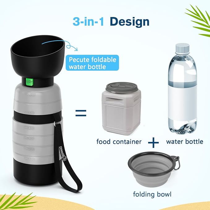 Pecute Upgraded 22 oz Dog Water Bottle with 5 oz Food Container, Portable Dog Travel Water Bottle Dispenser, Leakproof, BPA Free, Lightweight, Pet Water Bottle Bowl for Outdoor Walking Hiking Camping | BPA Free, Portable, Leakproof, includes Foldable B... - Image 2