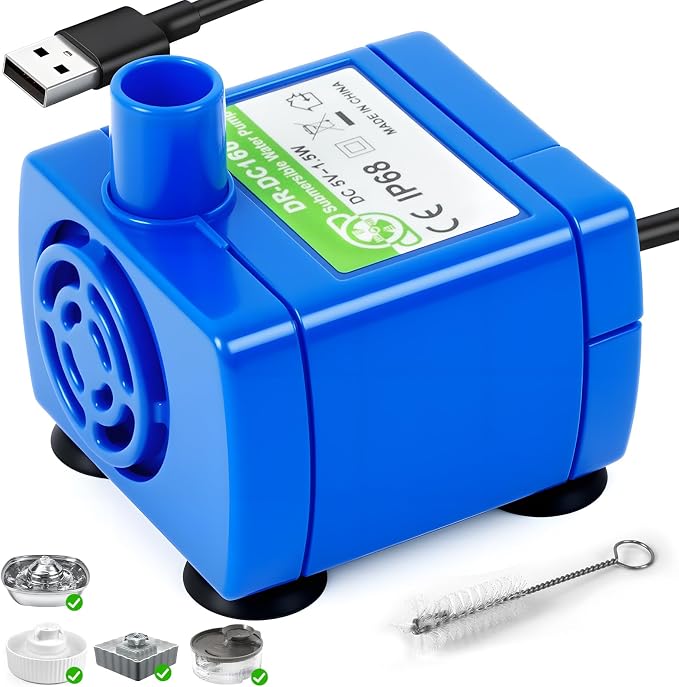 Cat Water Fountain Pump Replacement(No Led & with Brush)， DR-DC 160 | IP68 Submersible Water Motor For Stainless Steel & Ceramic Cat Water Fountain, Ultra Quiet Blue Pet Fountain Pump, Easy Clean by Waatoos