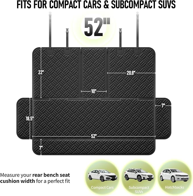Dog Car Seat Cover for Back Seat, Waterproof 600D Oxford Protector | Non Slip Scratch Resistant Bench Cover, Easy to Clean, Fits Compact Cars/SUVs, 52 Inch, for Travel and Daily Use - Image 2