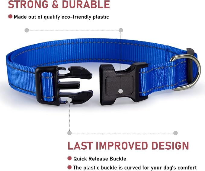 Reflective Dog Collar with Buckle Adjustable Safety Nylon Collars for Small Medium Large Dogs, Navy Blue L | No Chafing on Walks and Outdoor Hikes, Metal D-Ring, Night Safety - Image 2