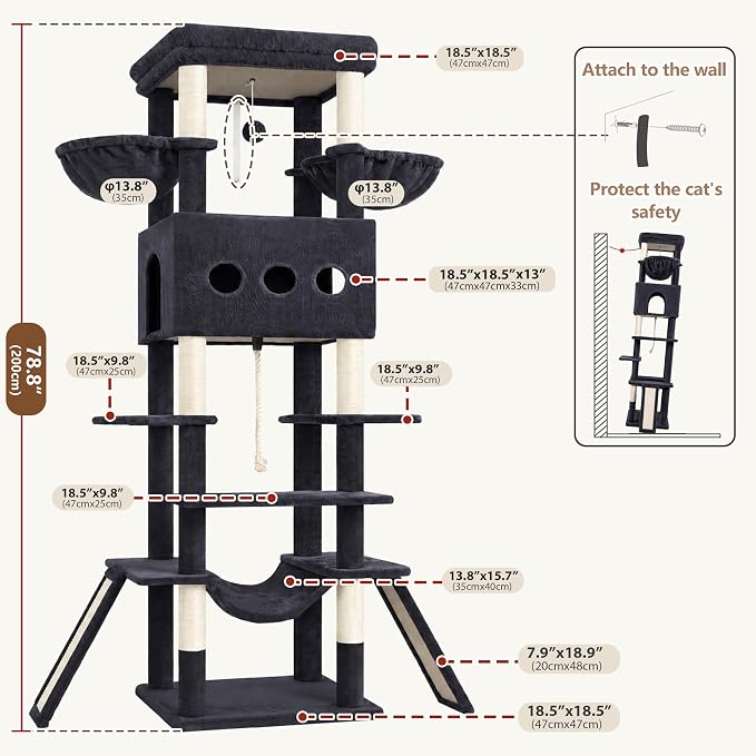 Cat Tree, 78.7'' Tall Tower with Extra Wide Top Platform GCT804G | Multi-level Cat Furniture for Indoor Cats, Cat House with Dual Scratching Boards, Big Condo, 2 Baskets & Hammock, Light Gray - Image 7