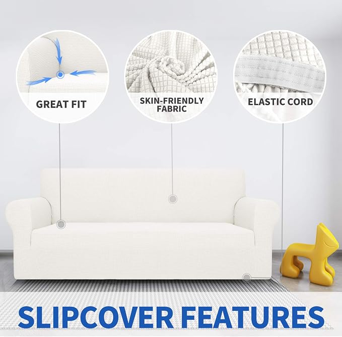 MAXIJIN Super Stretch Couch Cover for 3 Cushion Couch, 1-Piece Universal Sofa Covers Living Room Jacquard Spandex Furniture Protector Dogs Pet Friendly Fitted (Large, White) - Image 4