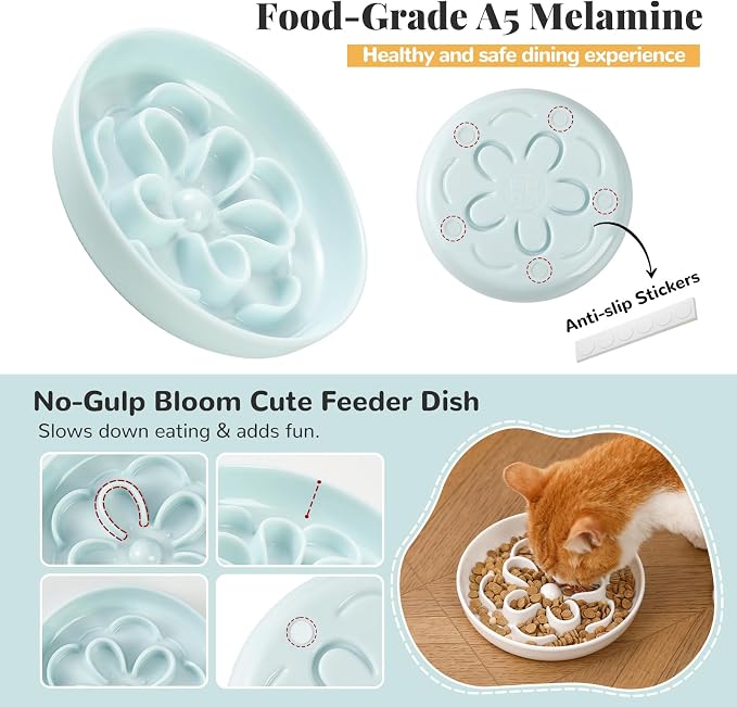 Melamine Cat Slow Feeder Bowl Set - Floral Maze Food Dishes for Cats and Small Dogs - Shallow Wide Plates for Dry & Wet Food - 3 Pack - Green & Blue & Pink - Image 4