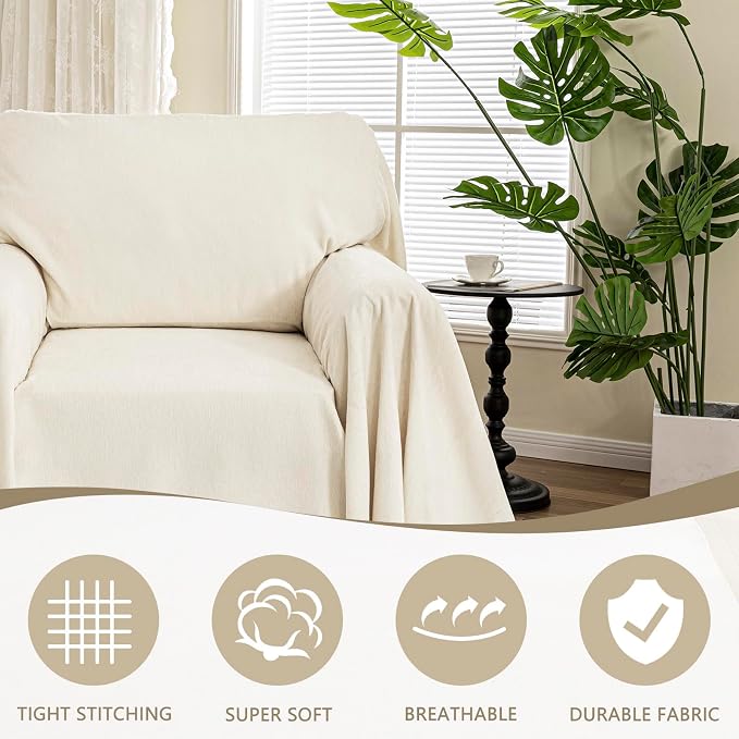MYSKY HOME Oversized Chair Cover, Armchair Couch Cover for 1 Cushion, Washable Recliner Covers Sofa Protector with Tassel, Beige, 71"X91" - Image 2