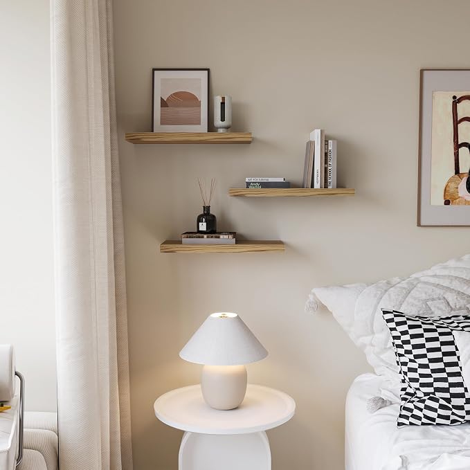 Floating Shelves for Wall Set of 3, 16 Inch Light Brown Shelves Bedroom | Light Brown Engineered Wood, Hidden Metal Brackets, Space-saving, Bedroom Kitchen Bathroom Decor - Image 4