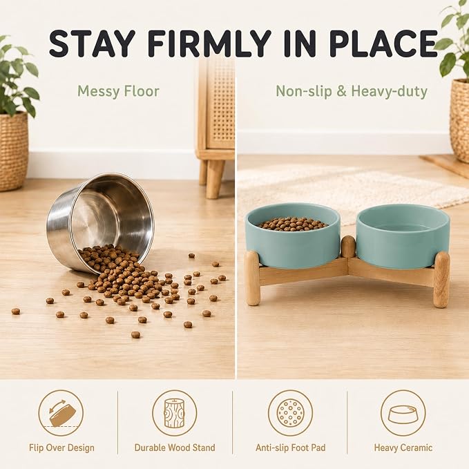 Havniva Ceramic Dog Bowls Elevated, Raised Dog Food Bowl for Puppies | 5.1” Elevated Dog Bowls, Non-Slip Wood Stand, Dog Food and Water Bowl Set, Dog Feeding Dish, Large Capacity Pet Water Bowl - Image 5