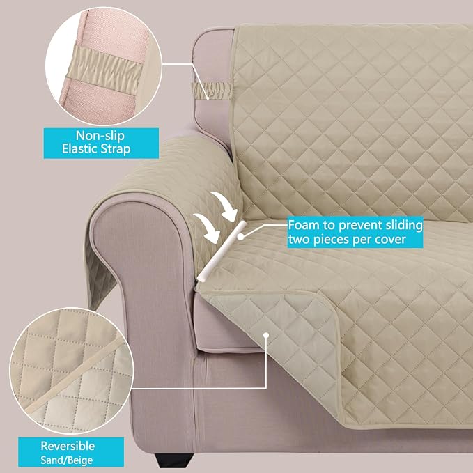 U-NICE HOME 4 Seater Sofa Cover 91''Large Couch Cover, Sand/Beige | Washable, Pet Friendly, Elastic Straps, Water Repellent, Furniture Protector Mat for 4 Cushion Couch - Image 3