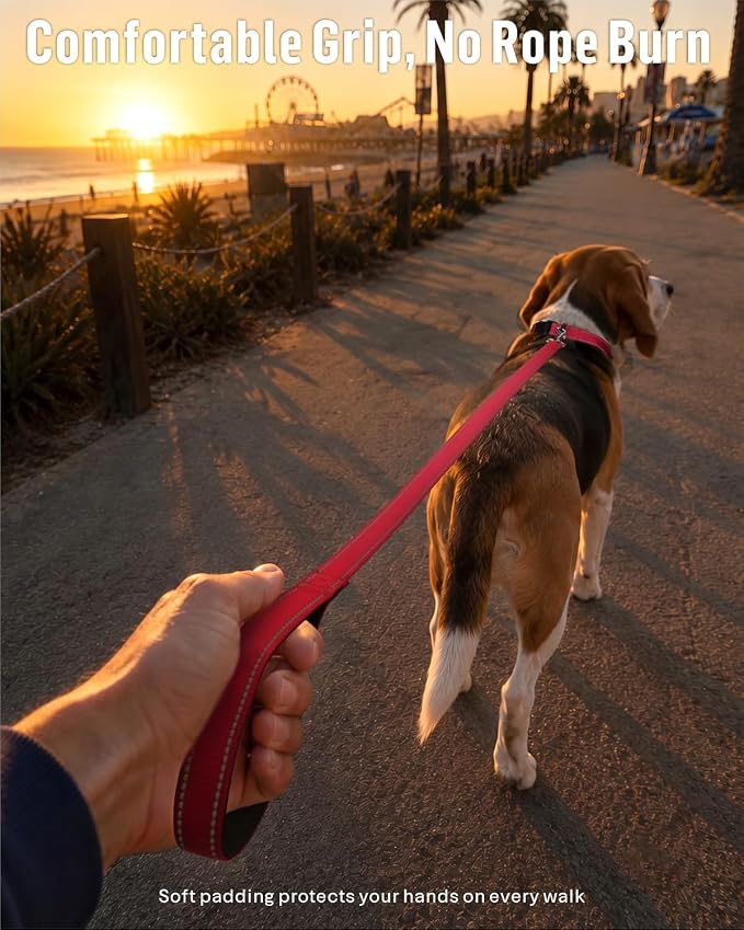 FunTags Reflective Nylon Dog Leash for Small & Medium Dogs, 6FT for Walks | Comfortable Padded Grip, Stay Safe at Night, 360° Anti-Tangle Swivel, for Dog Parks & Trails, Red - Image 2