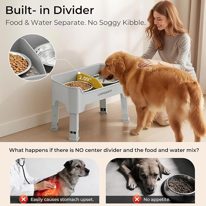 URPOWER Mess Proof Elevated Dog Bowls, Splash Guard Raised Bowl Stand | 4 Adjustable Heights, 2 Stainless Steel Bowls, Food & Water Separation, Foldable Design Non-Slip for Small Medium Large Dogs - Image 4
