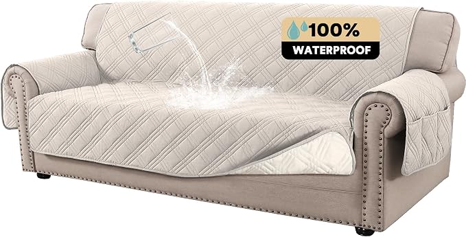PrinceDeco 100% Waterproof Couch Cover for 3 Cushion Couch Sofa Pet Friendly Non-Slip Couch Cover for Dogs Washable Water Resistant Furniture Protector with Elastic Straps(Sofa 68", French Oak) by PrinceDeco