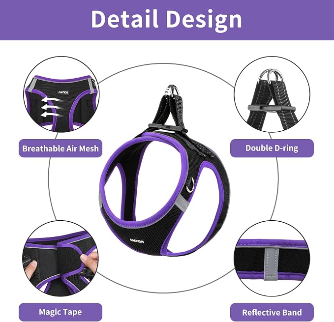 AMTOR Small Dog Harness with Leash Set, No Escape Easy Walk Puppy Harnesses for Training Walking, Step-in Reflective Soft Dogs Vest for XS S Medium Extra-Small Large Sized Dog(Black/Purple,M) - Image 3