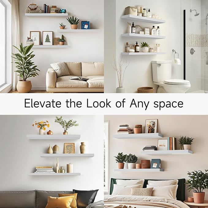 BAYKA White Floating Shelves 35.4in, Set of 3, Wall Mounted for Wall Decor | Easy Install, 22lbs Max Load, Hidden Bracket, Hanging Shelf for Living Room Bathroom Bedroom Kitchen Display Storage Decor - Image 7