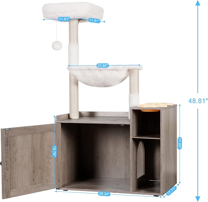 Hey-brother Cat Tree Tower, Food Station, XL Litter Box Enclosure, MPJ101SG | 48.81 Inches Wooden All-in-one Cat Furniture, Large Hammock, Bed, Scratching Posts, Big Basket for Indoor Cats, Rustic Gray - Image 3