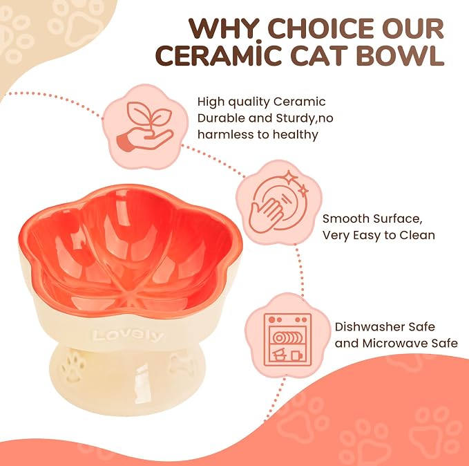 S&Q's CERAMICS Raised Cat Bowl, Elevated Cat Bowl for Food and Water, Ceramic Titled Dish, Anti Vomit & Whisker Friendly, Microwave and Dishwasher Safe (Orange, 5.8") - Image 4