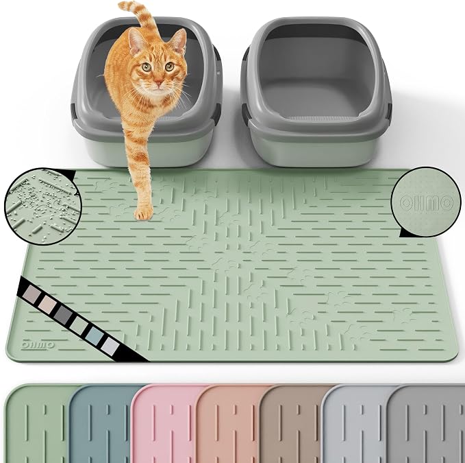 Large Cat Litter Mat, 31.5x23.6 Silicone Trapping Mat Sage Green | for Kitty Litter Box, Easy Clean, BPA Free Rubber, Center Litter Collection, Easy Pour-Back, Waterproof, Odor-Resistant by OHMO