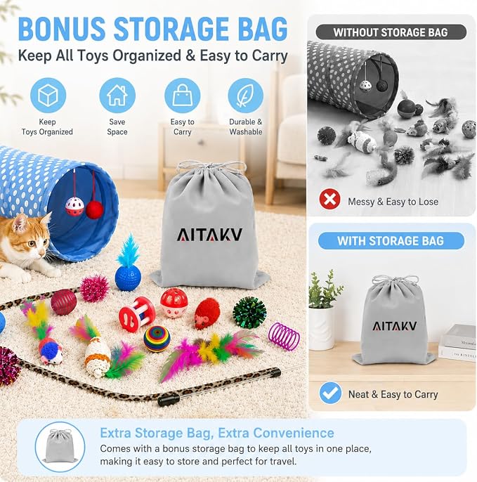 AILUKI 35PCS Cat Toys Variety Pack for Indoor Cats, Kitten Toys Cat Tunnel | Kitten Toys for Indoor Kittens Cat Toy Bundle Set with Feather Wand, Plush Mice, Crinkle Balls & Interactive Cat Toys Bundle - Image 3