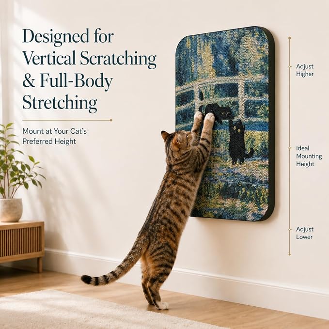Cat Wall Scratcher, Art Cat Scratching Board for Indoor Cats | Wall Mounted Cat Scratch Pad, Water-Based Ink, Hook&Loop Strips, Floor or Wall Use, 16.7x11x1 Inch, Lily Pond Bridge - Image 7