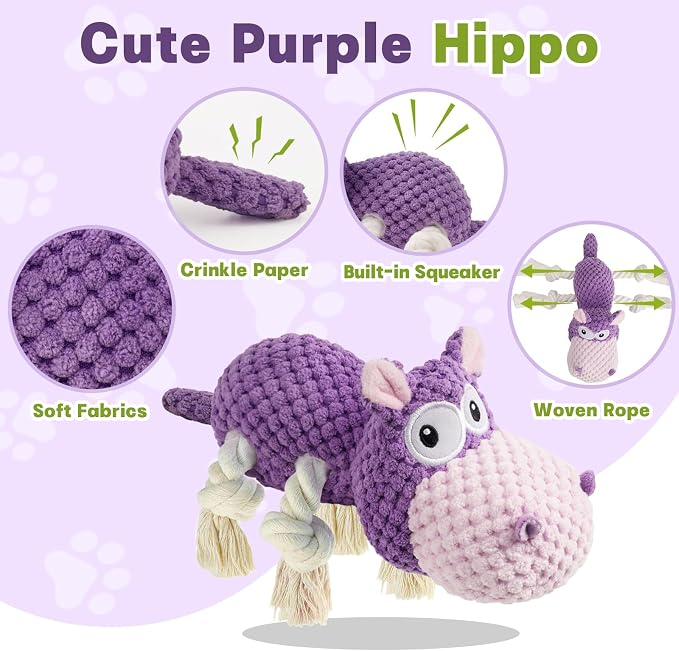 TOOPTATE Hippo Squeaky Dog Toy, Purple, Medium | Cute Plush Design, Rope Legs for Tugging, Helps Keep Dogs Busy, Suitable for Small, Medium, and Large Dogs - Image 2