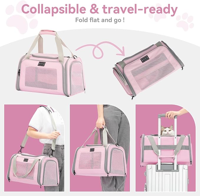 Petsfit Cat Carrier Airline Approved, 17.5×10.5×10.5 in, Pink | Escape-Proof Design with Locking Zippers & Safety Leash, Easy-Access 3-Way Entry, Washable Mat up to 12 lb - Image 8
