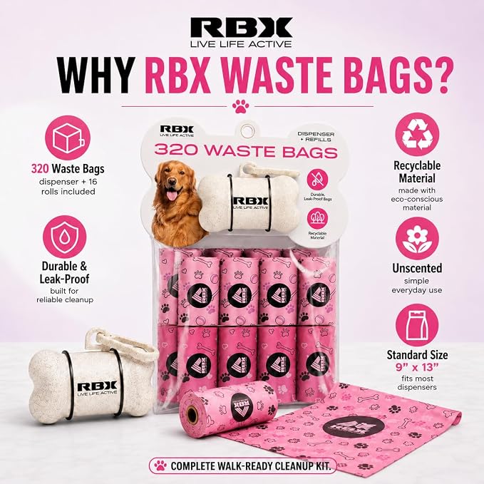 RBX Dog Poop Bags with Leash Holder, 320 Bags, 16 Refill Rolls | Clip-On Dispenser, Durable Leak-Proof, Recyclable Material - Image 9