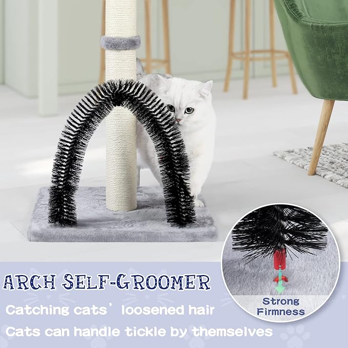 ANWA 32" Tall Cat Scratching Post with Arch Groomer, Natural Sisal, Gray | Natural Sisal Post for Indoor Cats Adults, Stable Cat Post with Plush Toys, Self-grooming Brush, Cat Furniture, Small Space - Image 4