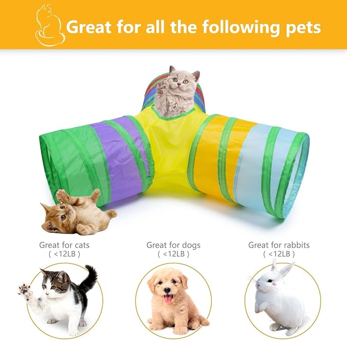 3 Way Cat Tunnel Collapsible Fun Pet Play Tube Toys for Cats, Kittens, Puppies & Rabbits - Portable Tunnel with Hanging Ball for Indoor Play, Hideout & Exercise - Image 4