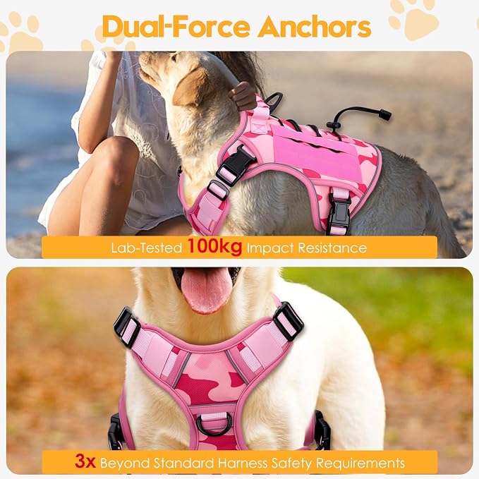 Heavy-Duty Tactical Dog Harness for Large Dogs, No Pull Adjustable Reflective Pet Vest with Molle System, K9 Military-Grade Control for Service Training, Outdoor & 10+ Breeds, Pink Camo, X-Large - Image 4