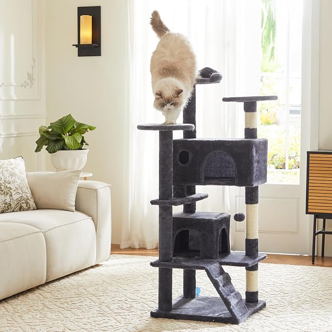 Sweetcrispy 54 Inch Cat Tree Tower with Scratching Post, Indoor Use | Multi-Level Cat Tower with Condo with Climbing Ladder, Plush Toy, Play House for Kittens, Dark Grey - Image 8